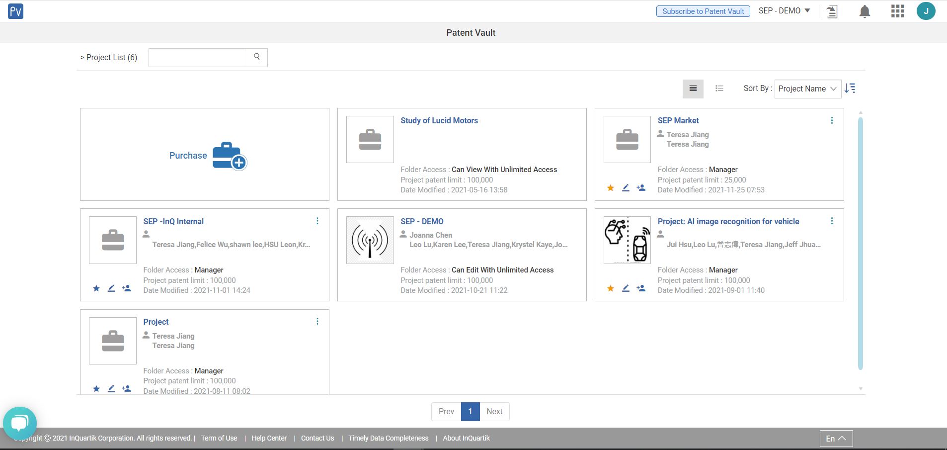 Patent Vault's dashboard