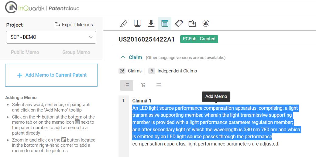 Adding a memo to a patent’s claim in Patent Vault