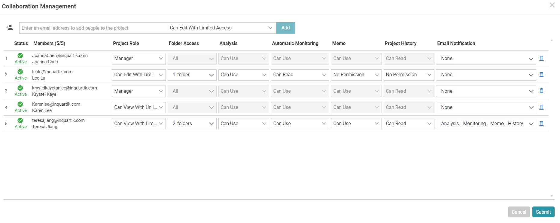 Manage team members and authorize access settings in Patent Vault