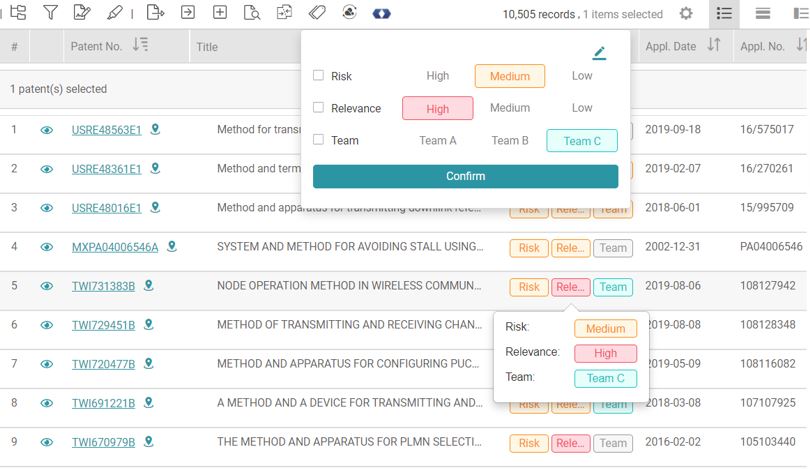 Overview of the tags in the patent list in Patent Vault