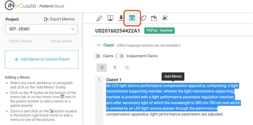 Adding a Memo in Patent Vault