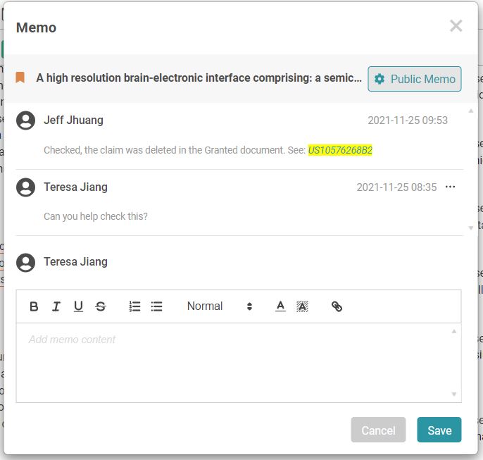 Starting a conversation with Patent Vault's Memo feature