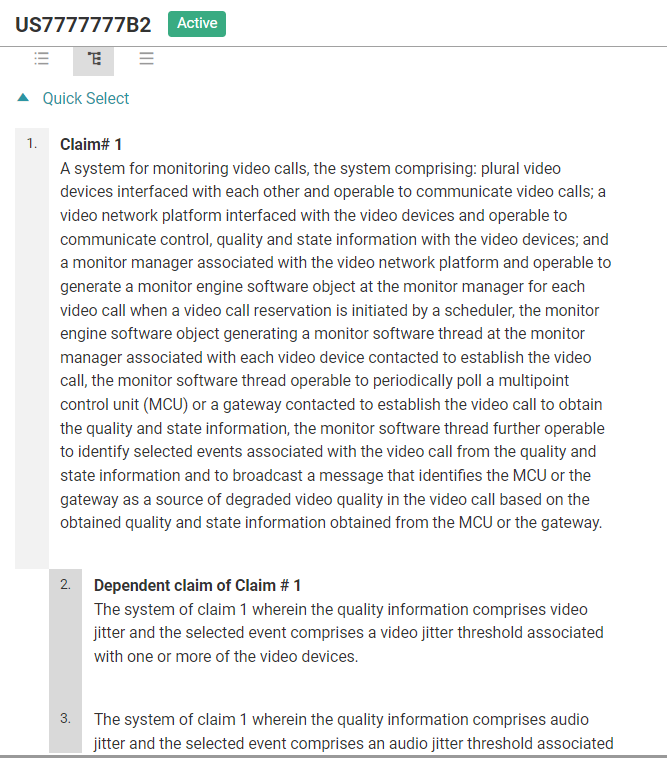 Patent claim example for US 7,777,777 B2 in Patent Search