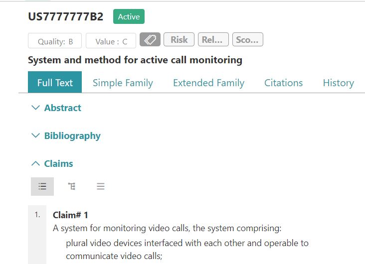 Patent claim example for the patent US 7,777,777 B2 in Patent Search