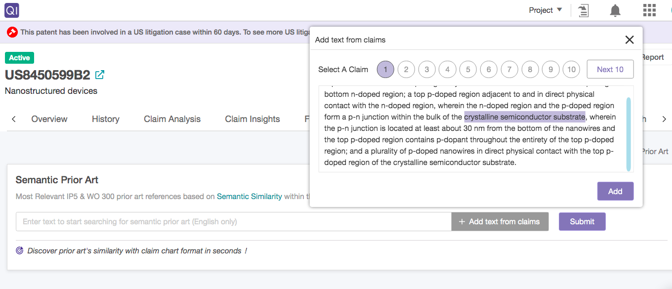 Adding text from claims with Semantic Prior Art, Quality Insights