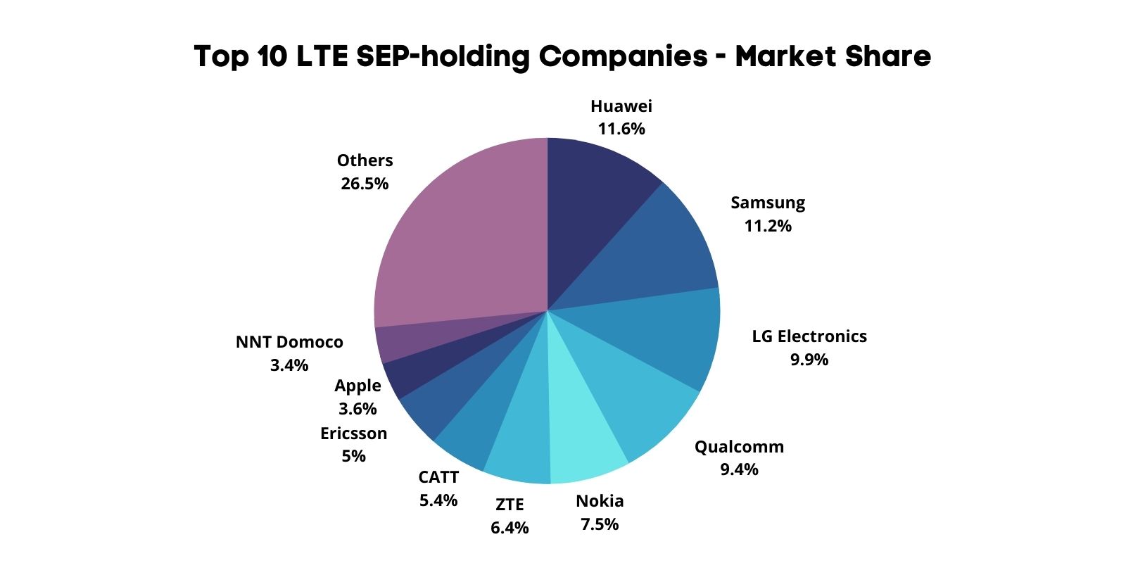 Pie chart indicating market share for the top 10 LTE SEP holding companies