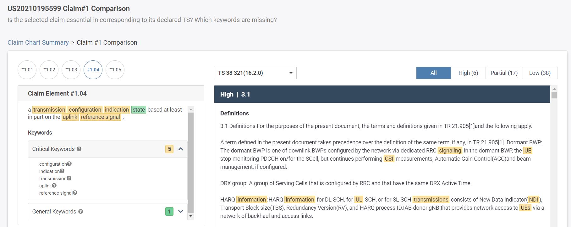 Automated claim chart - keyword mapping in SEP OmniLytics