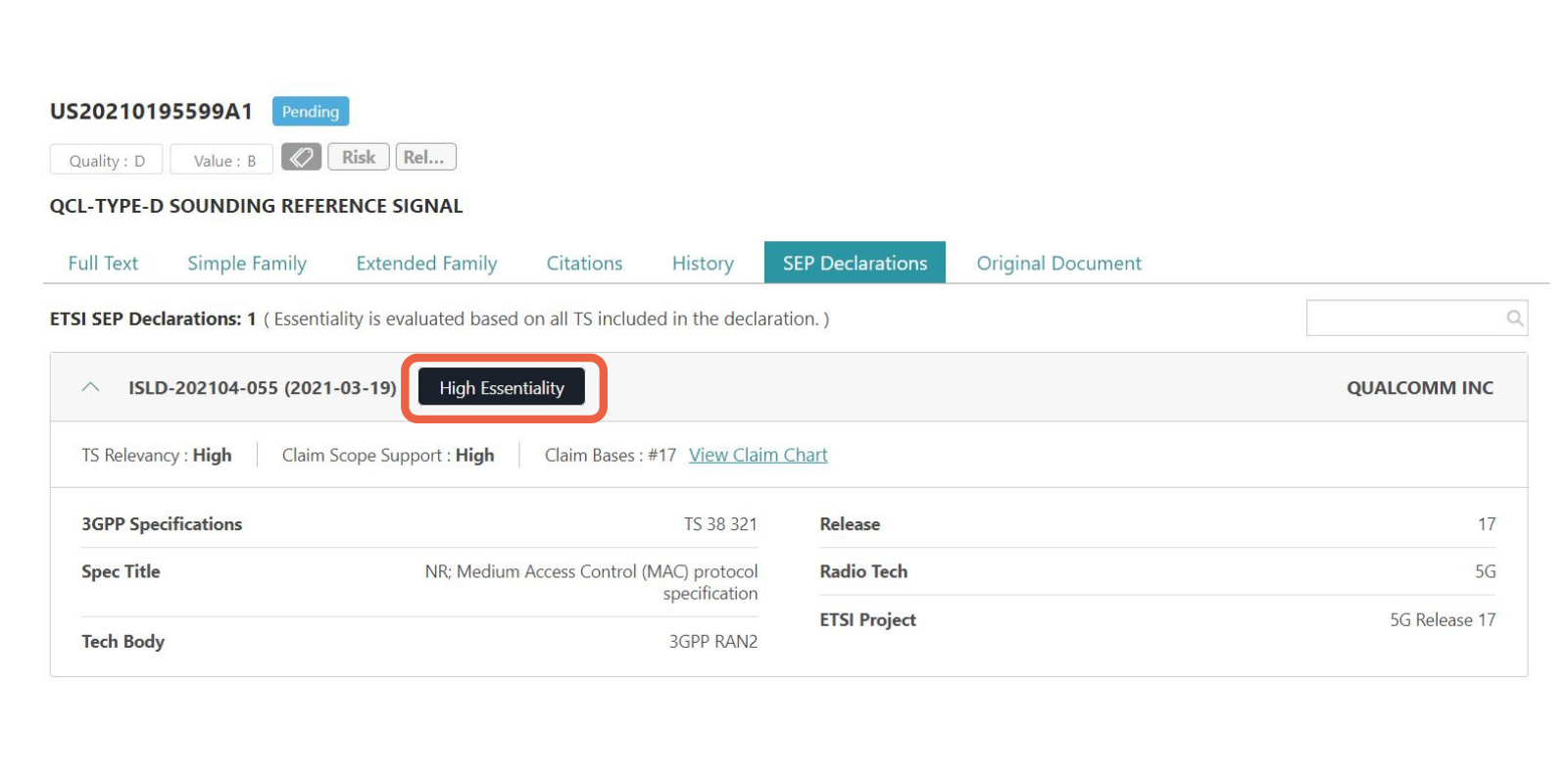 Essentiality Rankings for SEPs in Patentcloud