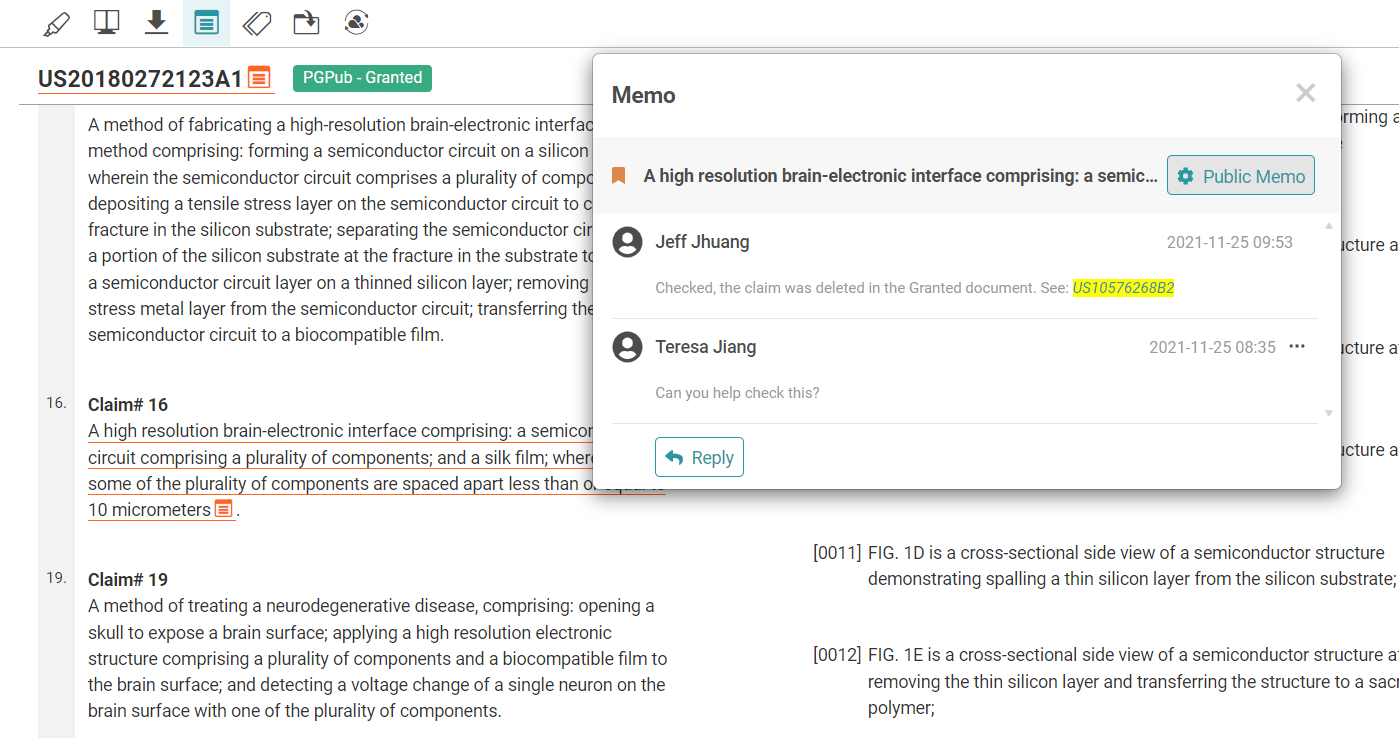 Screenshot of highlighted text in a patent and a conversation with team members in Patent Vault