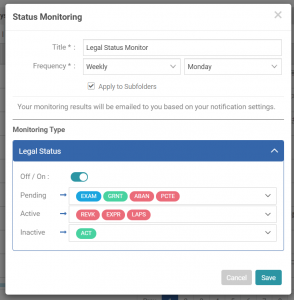 Setting up status monitoring in Patent Vault