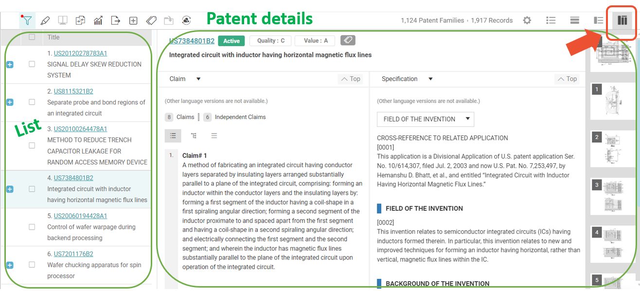 Patent Search 的「並排檢視模式」