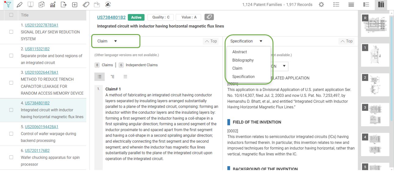 Selecting patent elements in the Side by Side View in Patent Search