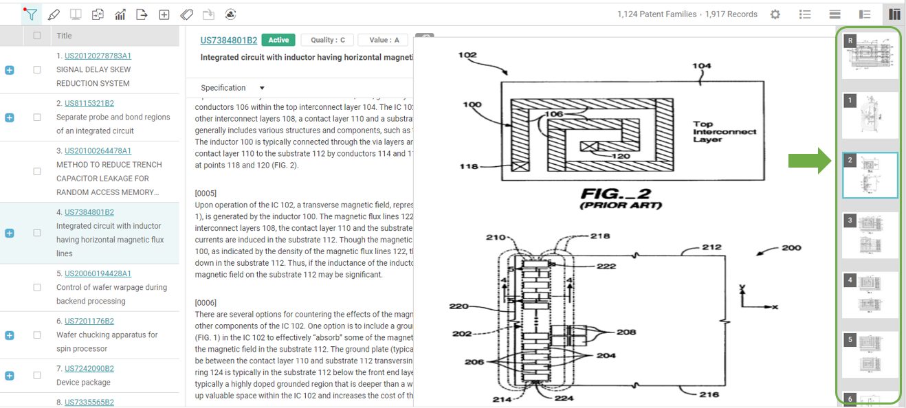 在Patent Search 的「並排檢視模式」中，檢視專利圖式