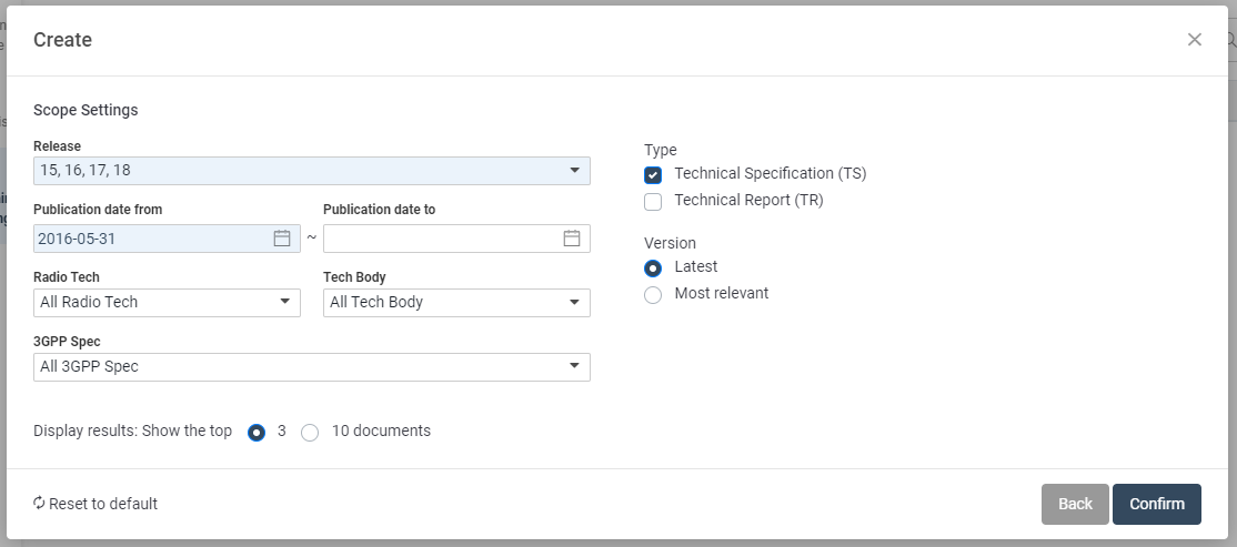 Select the technical specifications/reports in the SEP Claim Charting feature in SEP OmniLytics