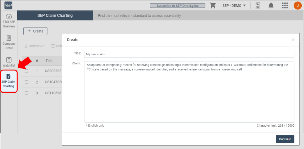 Copy and paste your claim into the SEP Claim Charting feature in SEP OmniLytics