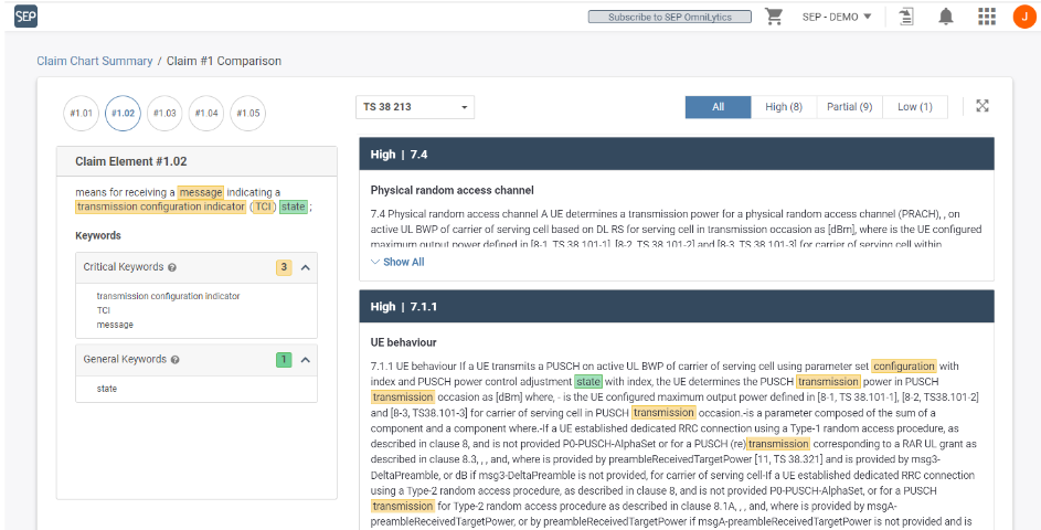 An automated claim chart generated in SEP OmniLytics